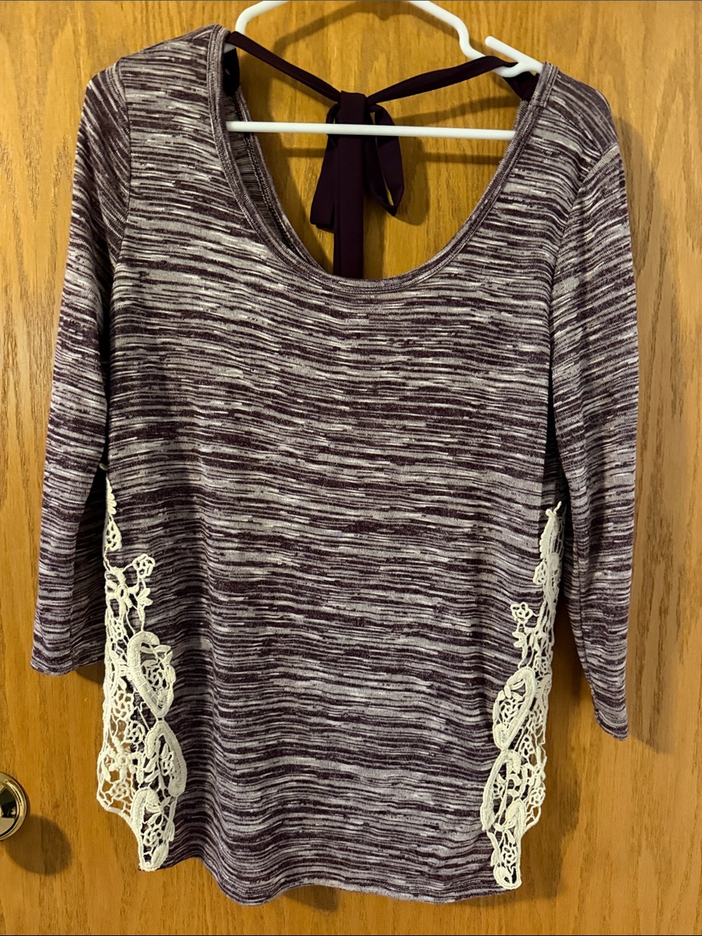 Charming Charlie Marled Plum Long Sleeve Top with Ivory Lace Trim